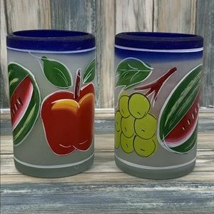 ⭐️2 Hand Painted Mexican Blue Rim Blown Glass Frosted Fruit Design Tumblers